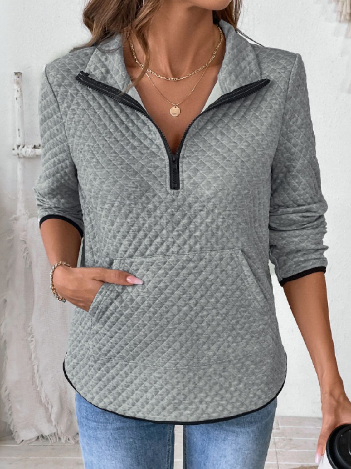 Perfee Texture Half Zip Long Sleeve Sweatshirt