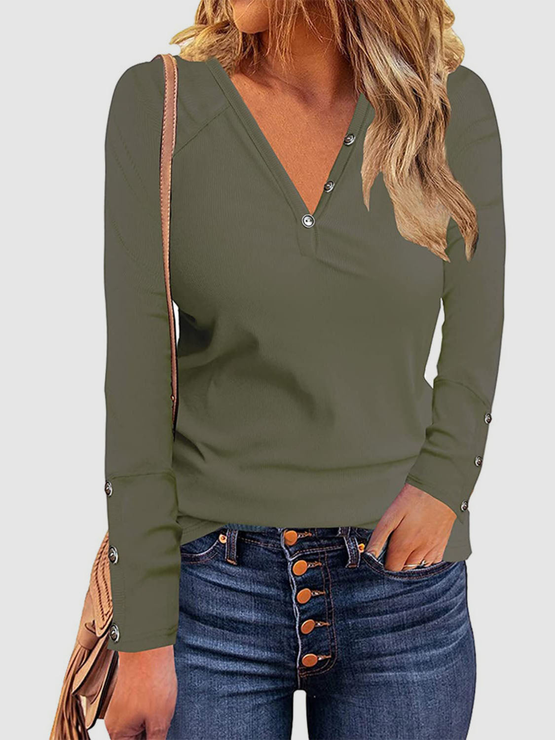 Decorative Button V-Neck Long Sleeve T-Shirt Matcha Green