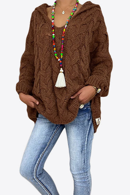 Cable-Knit Hooded Sweater Brown