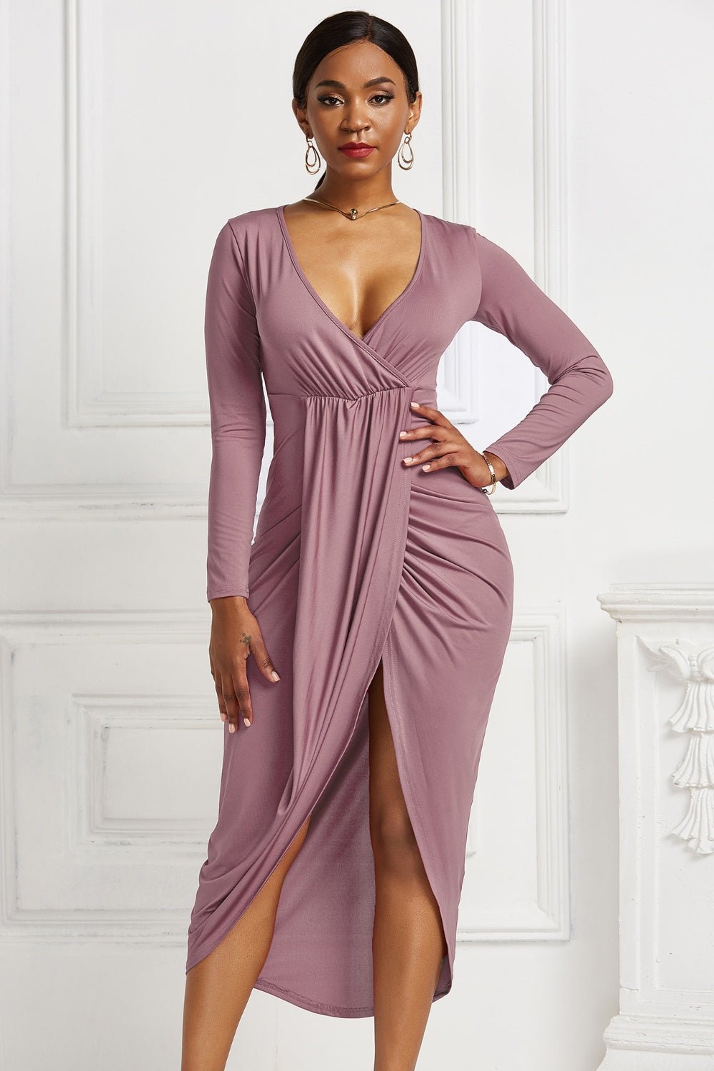 High-low Ruched Surplice Long Sleeve Dress Dusty Pink