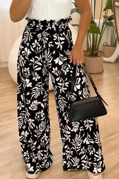 Full Size Printed High Waist Wide Leg Pants Black