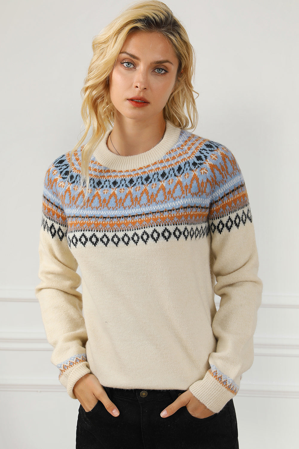 Geometric Round Neck Long Sleeve Sweater Cream