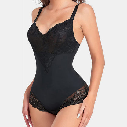 Full Size Lace V-Neck Spaghetti Strap Shaping Bodysuit Black