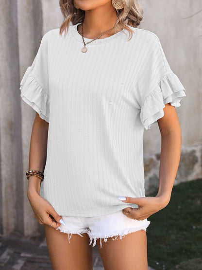 Ruffled Round Neck Short Sleeve Blouse White