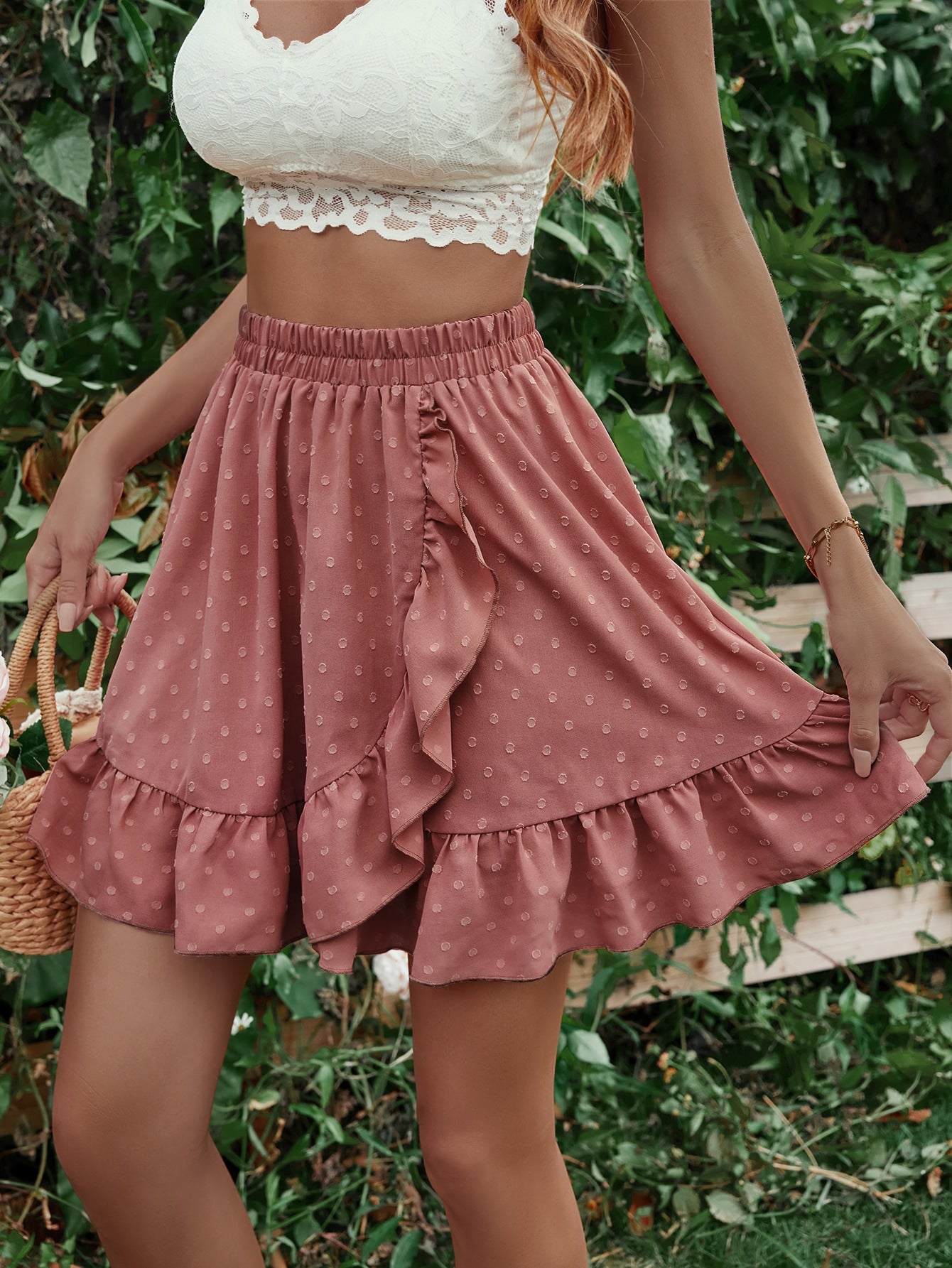 Ruffle Hem Elastic Waist Mini Skirt Dusty Pink