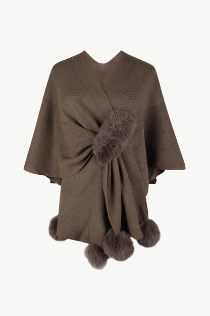 Surplice Neck Pom-Pom Trim Poncho Taupe One Size