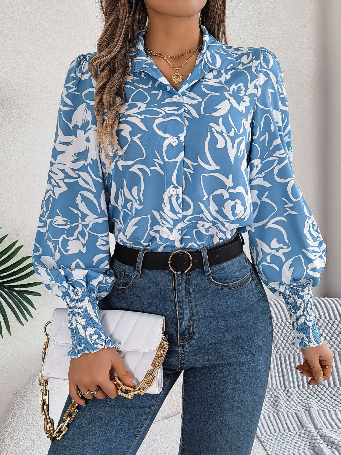 Printed Collared Neck Lantern Sleeve Shirt Light Blue