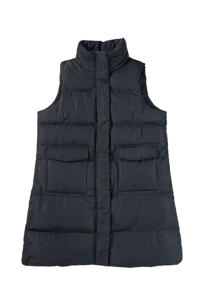 Black Windproof Longline Full Zipper Puffer Vest with Pockets