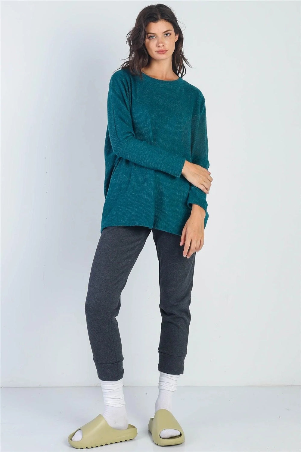 Cherish Apparel Round Neck Long Sleeve Sweater Hunter Green