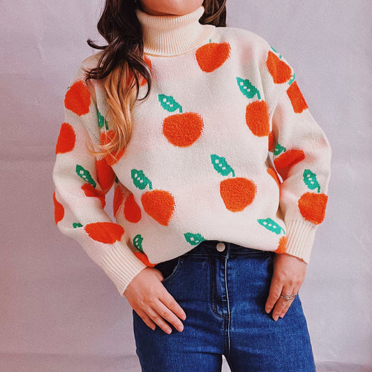 Fruit Pattern Turtleneck Dropped Sweater Cream