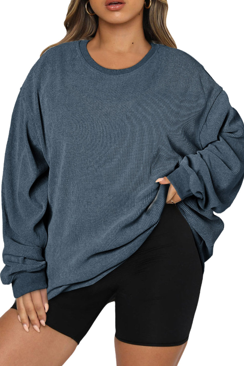 Blue Plus Size Corded Round Neck Sweatshirt