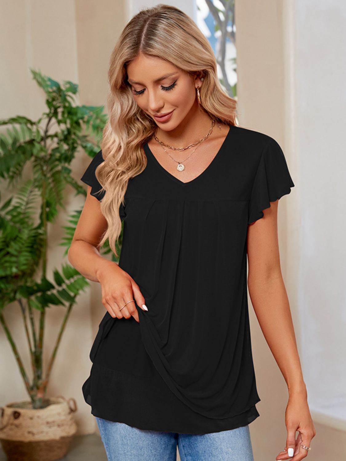 Ruched V-Neck Short Sleeve T-Shirt