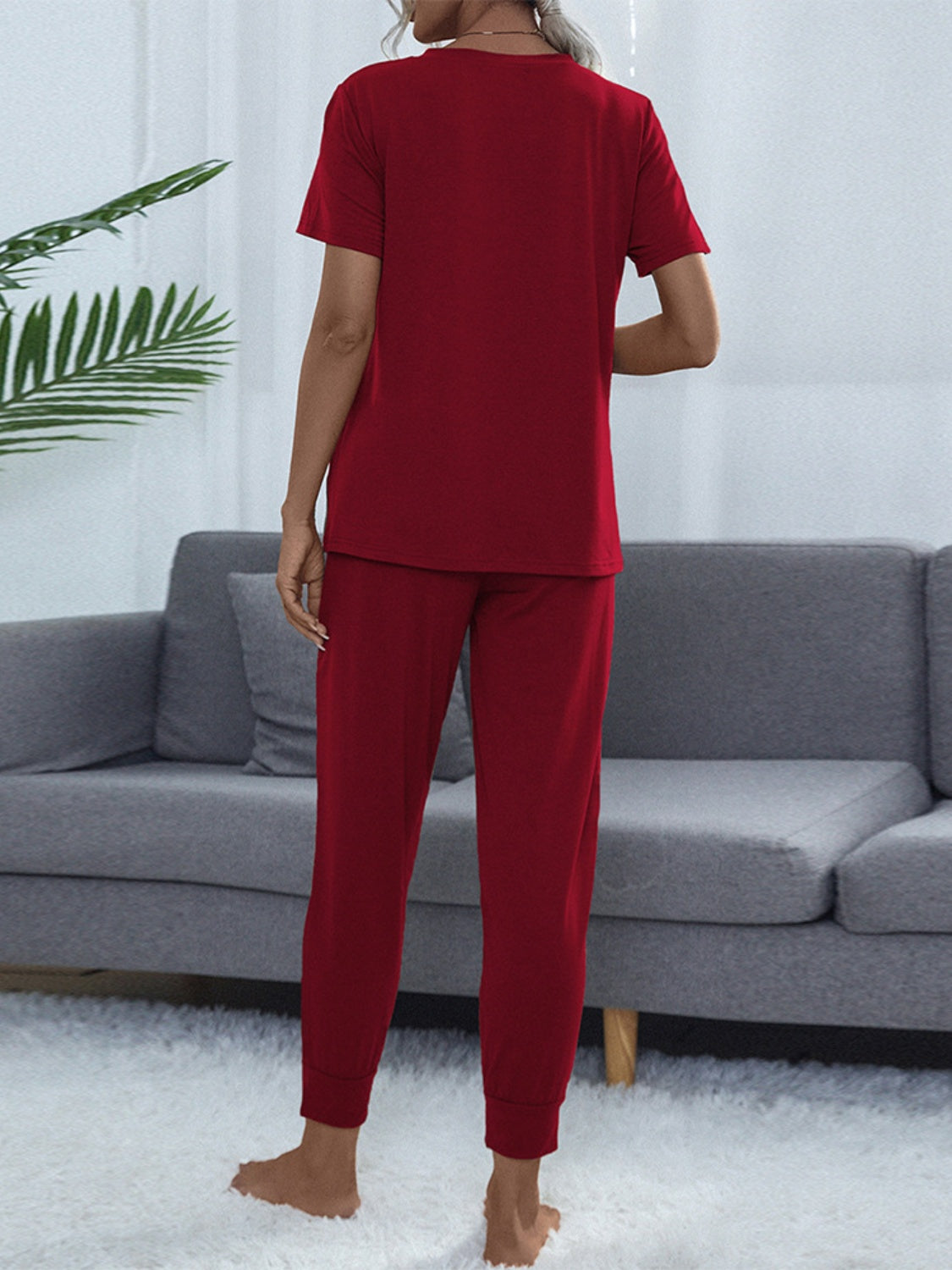 Shiny Round Neck Top and Pants Lounge Set