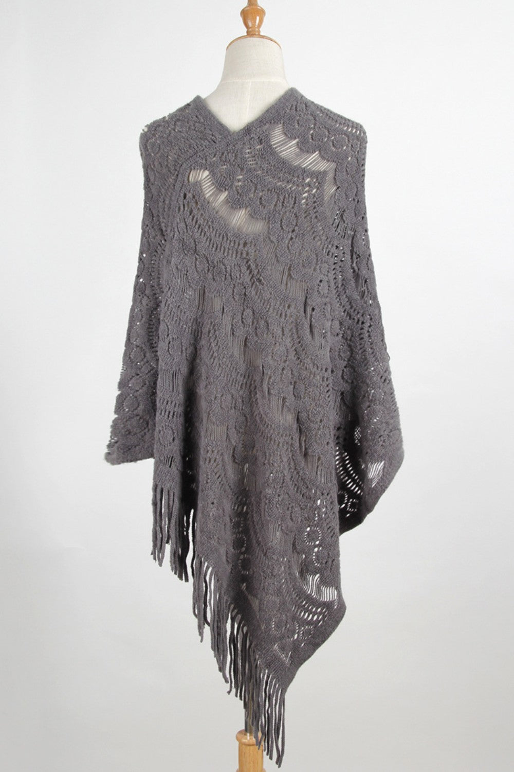 Fringe Openwork Surplice Cape Sleeve Poncho - Thandynie