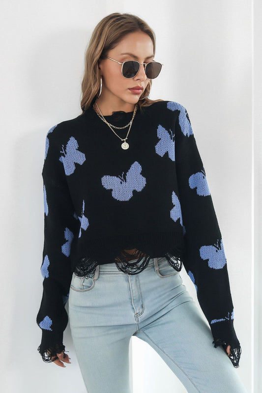 Printed Round Neck Ribbed Long Sleeve Sweater Black