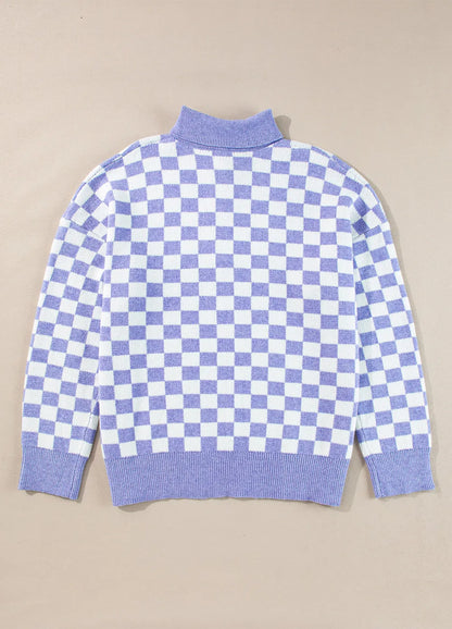 Plus Size Checkered Collared Neck Long Sleeve Sweater