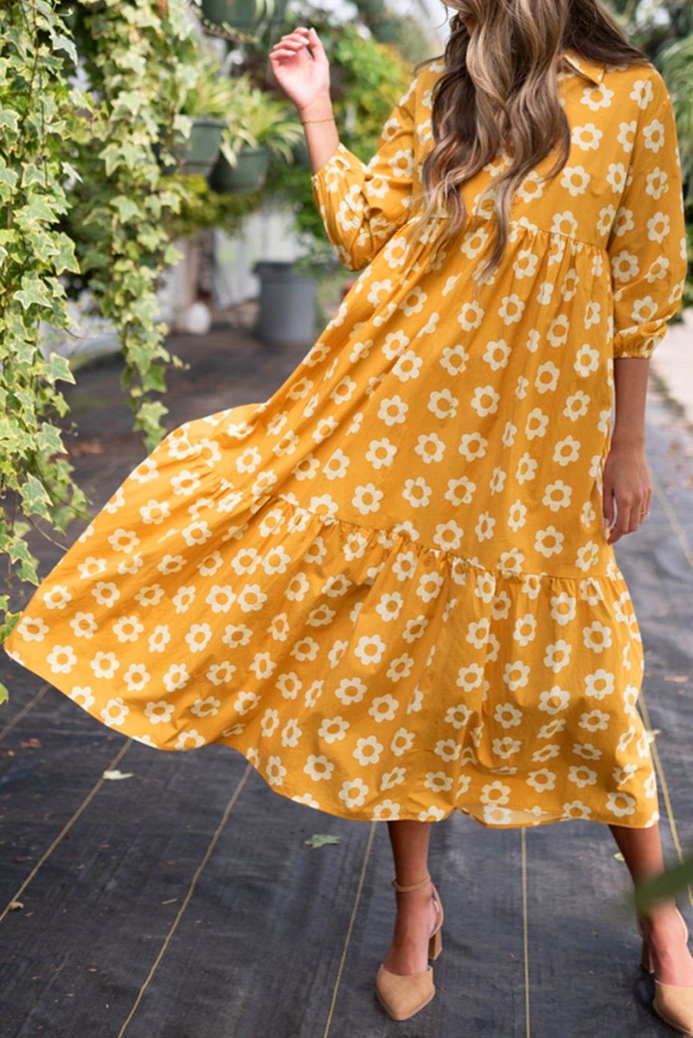 Yellow Flower Print Bracelet Sleeve Buttons Collared Maxi Dress Yellow 100%Cotton