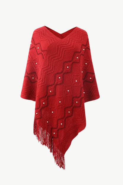 Pearl Trim V-Neck Fringe Hem Poncho Red One Size