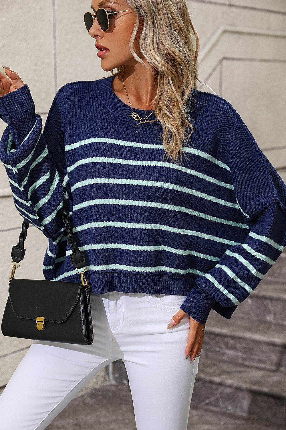 Striped Dropped Shoulder Round Neck Pullover Sweater Dark Blue