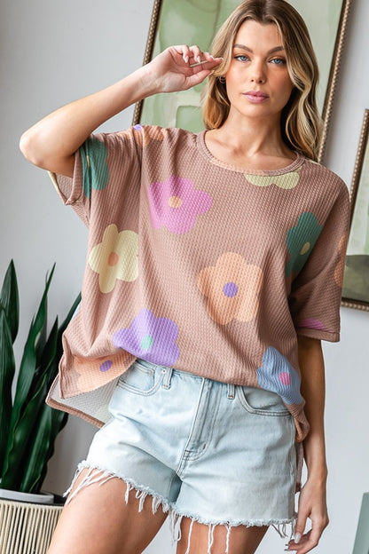 HOPELY Full Size Floral Round Neck Side Slit Waffle T-Shirt Mocha