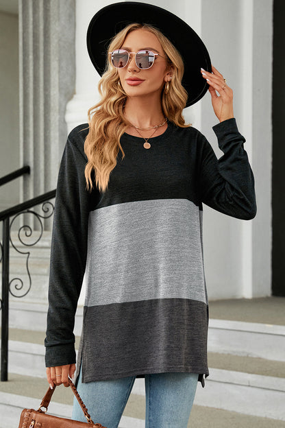 Color Block Round Neck Long Sleeve T-Shirt Light Gray