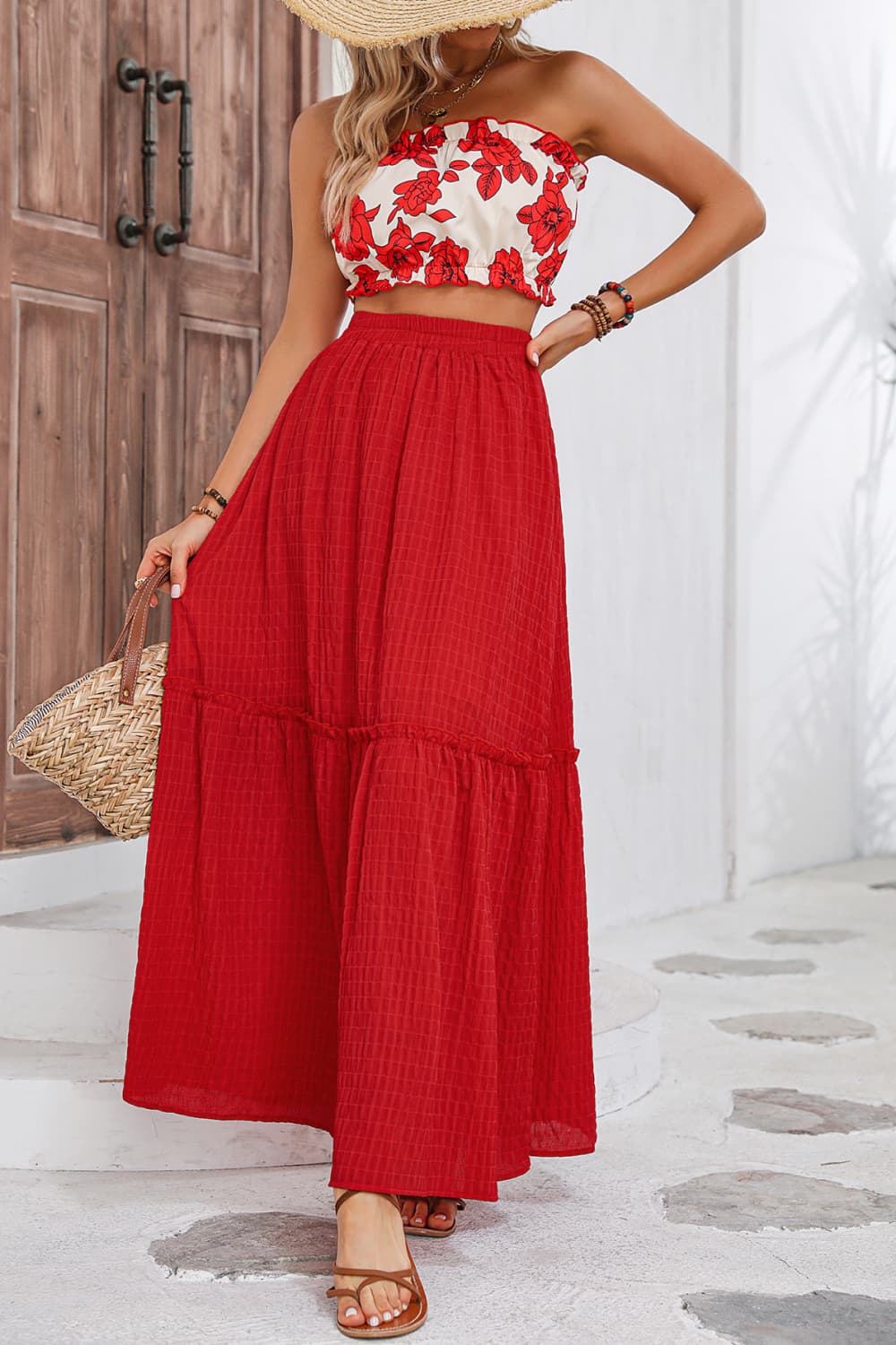 Floral Tube Top and Maxi Skirt Set Deep Red