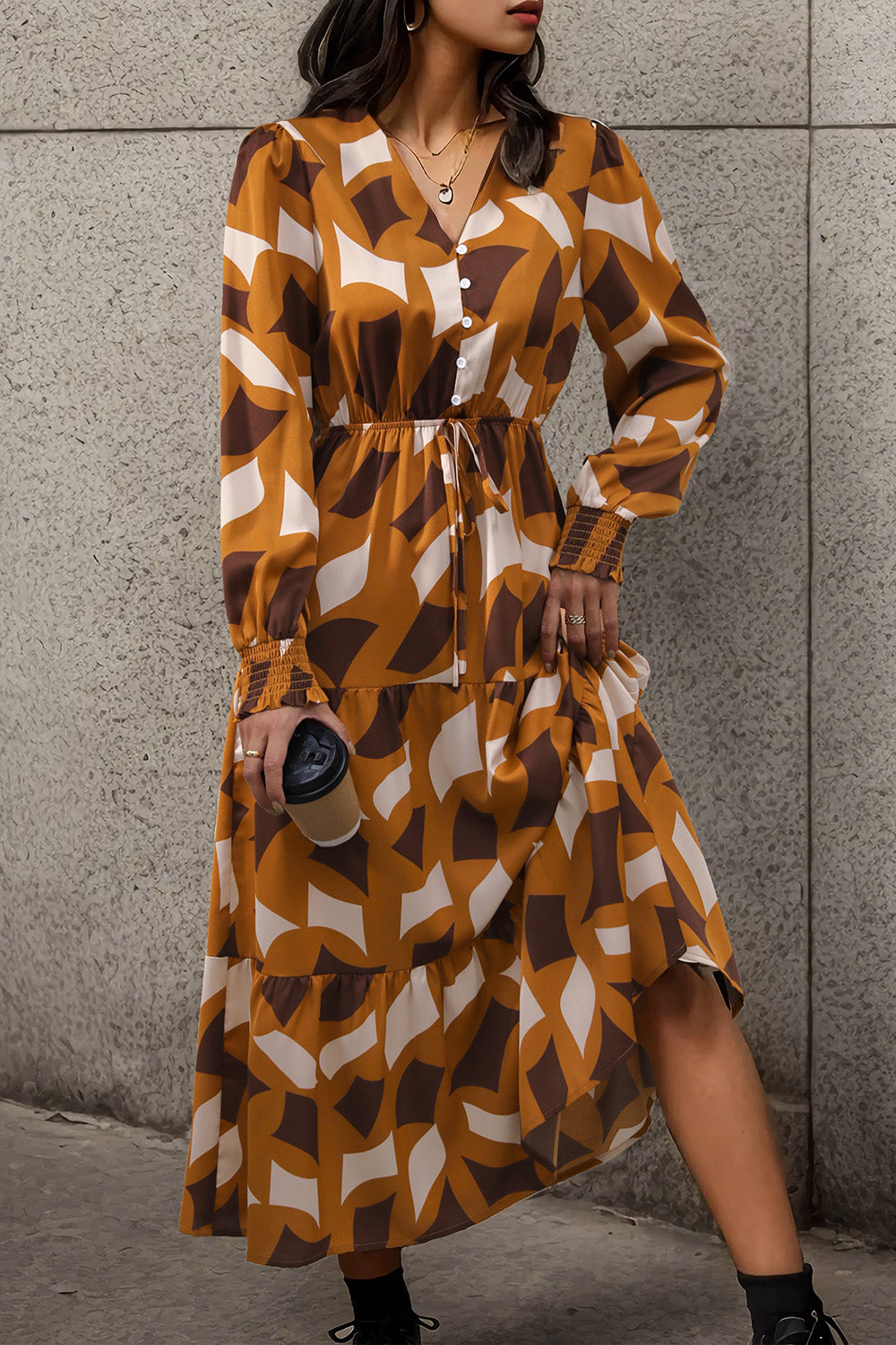 Printed Tied Pocketed Lantern Sleeve Dress Gold