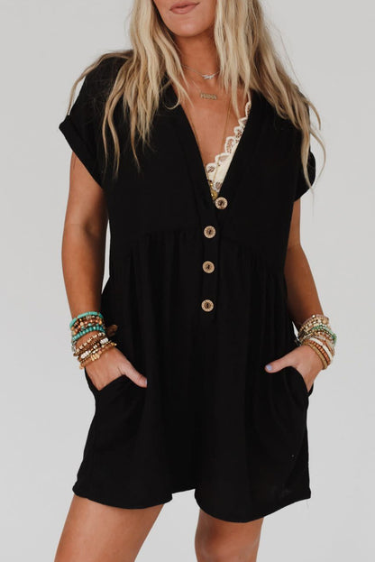 Black V Neck Buttons Loose Cuffed Short Sleeve Romper Black 65%Polyester+30%Viscose+5%Elastane