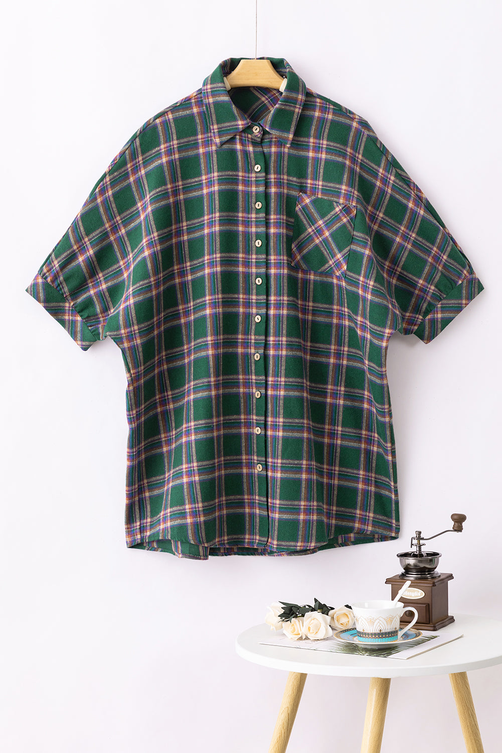 Green Oversized Plaid Half Sleeve Tunic Shirt