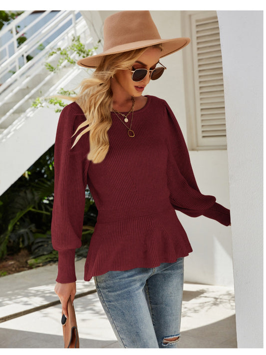 Ribbed Round Neck Lantern Sleeve Sweater Burgundy