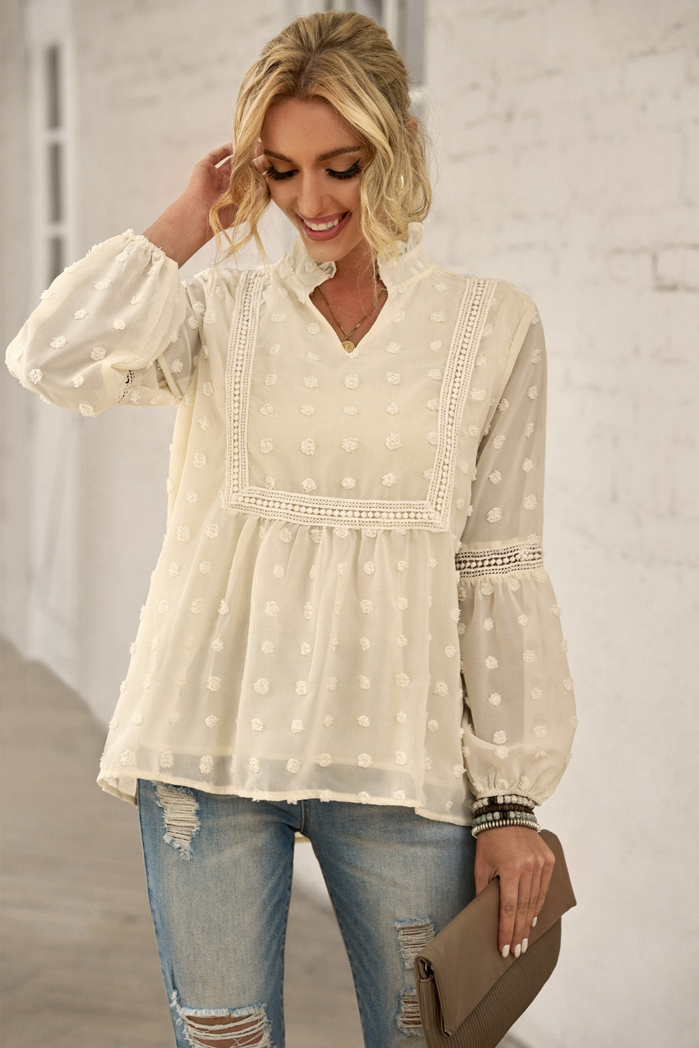 Swiss Dot Frilled Notched Neck Blouse Cream