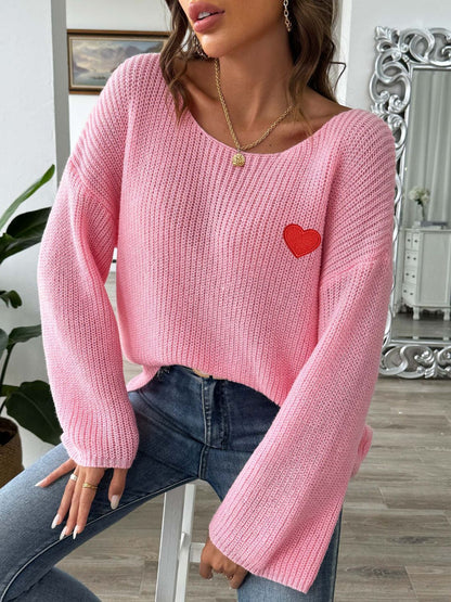 Heart Boat Neck Dropped Shoulder Sweater