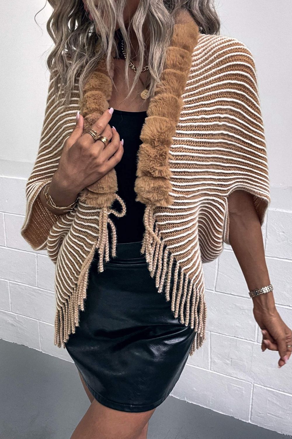 Striped Open Front Fringe Poncho - Thandynie