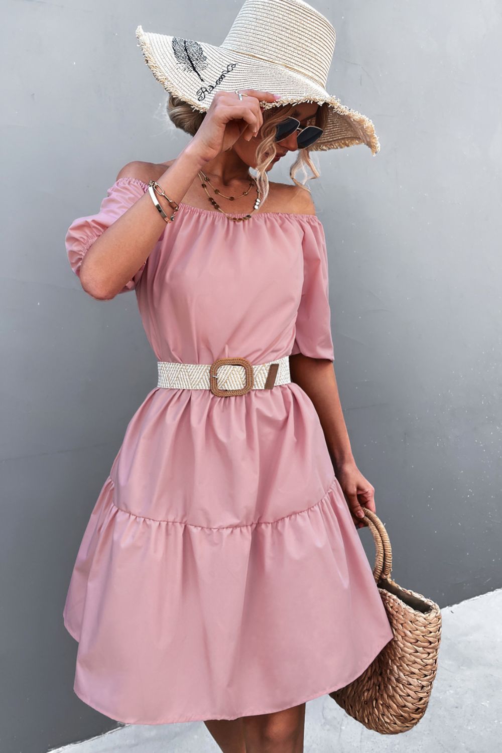 Square Neck Short Sleeve Mini Dress Blush Pink