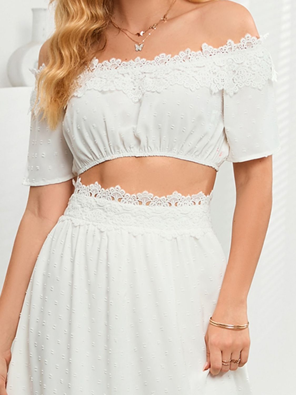 Lace Detail Off Shoulder Top and Slit Skirt Set - Thandynie