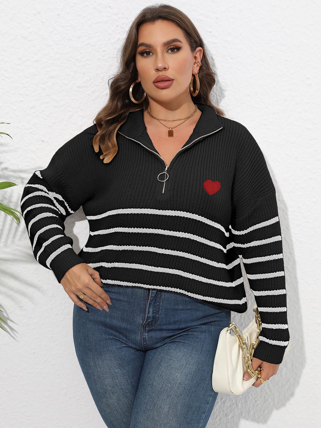 Plus Size Zip-Up Striped Sweater Black