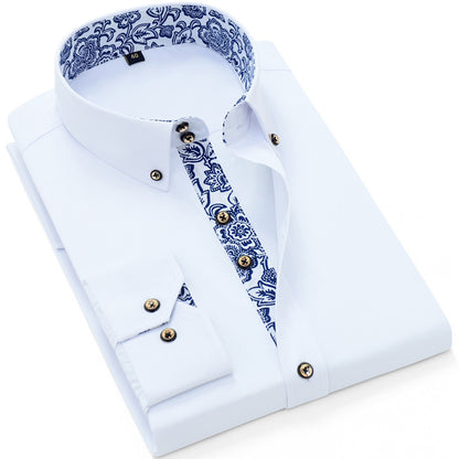 Blue And White Porcelain Collar Business Casual Long Sleeve Shirt Men White