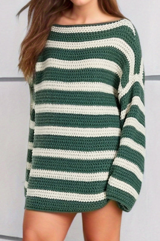 Striped Round Neck Dropped Shoulder Sweater Green One Size