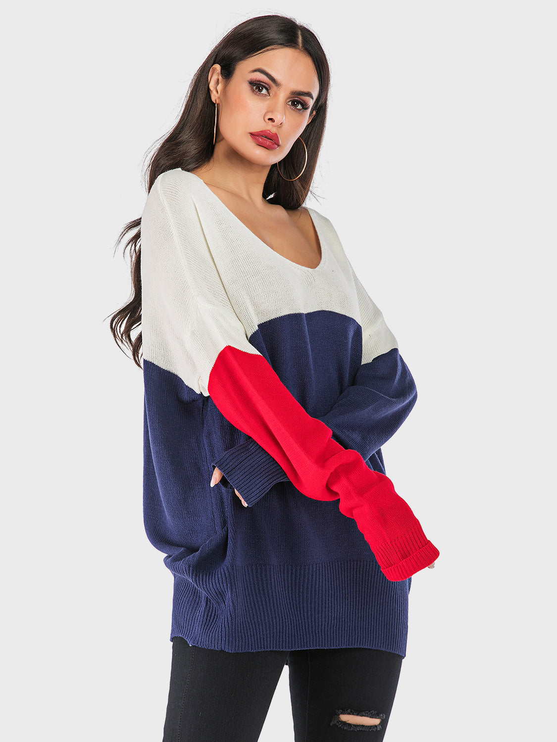 Perfee Contrast V-Neck Long Sleeve Knit Top