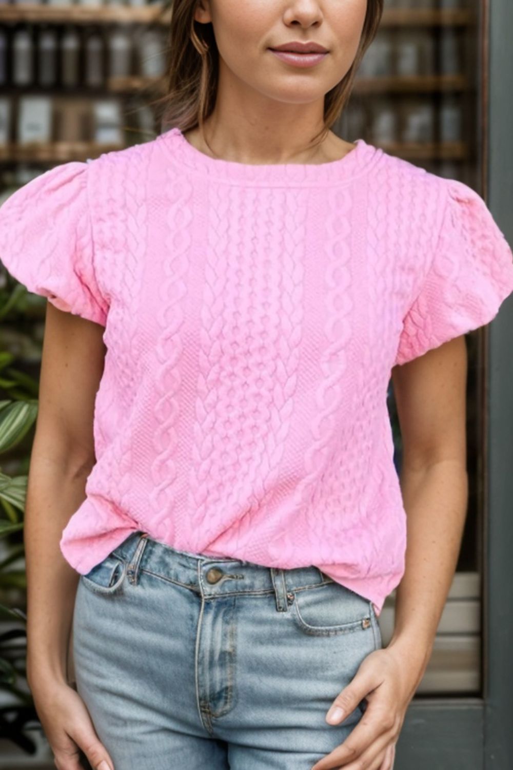 Round Neck Short Sleeve Blouse Pink