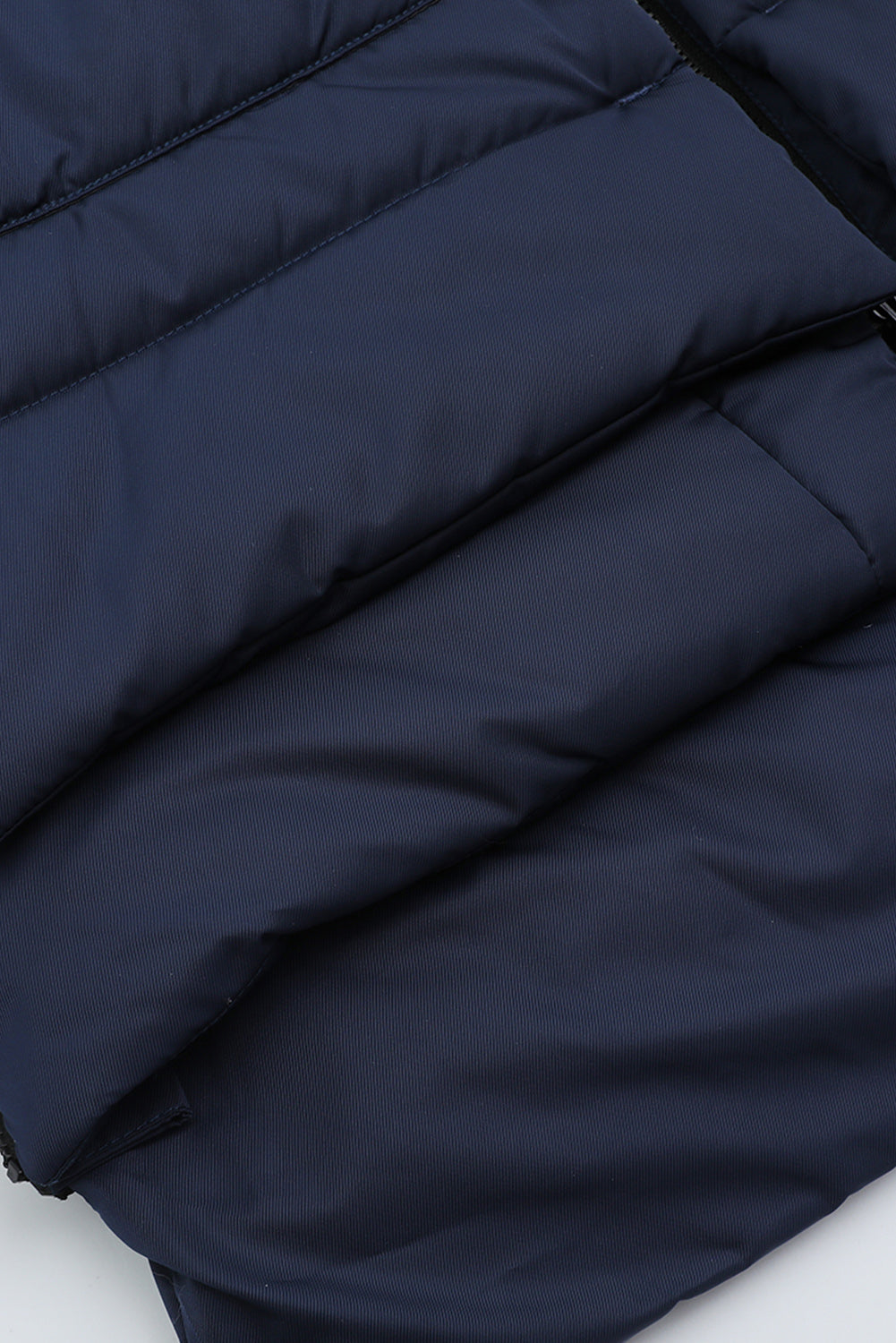 Navy Blue Plush Linen Zip Up Hooded Puffer Coat