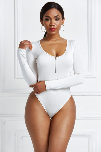 Half Zip Scoop Neck Long Sleeve Bodysuit White