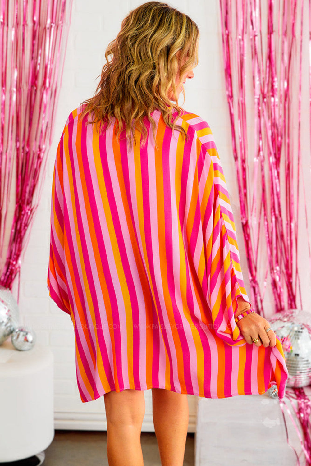 Rose Stripe Wide Sleeve Open Front Kimono