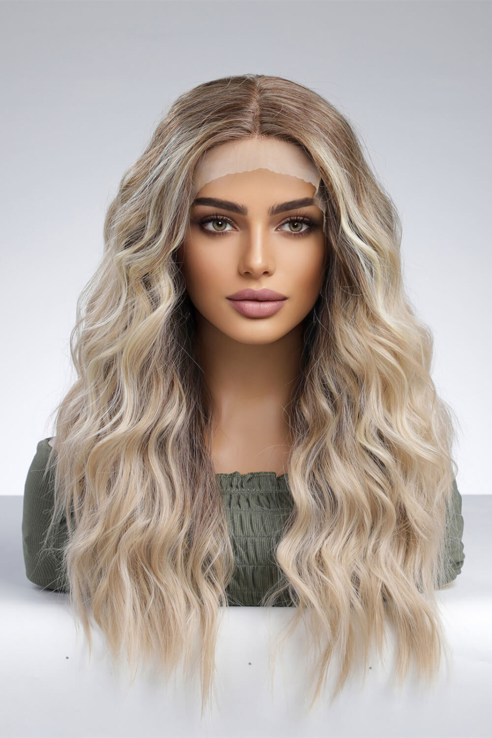 13*2" Lace Front Wigs Synthetic Long Wave 24'' 150% Density Light Brown Blonde Ombre One Size