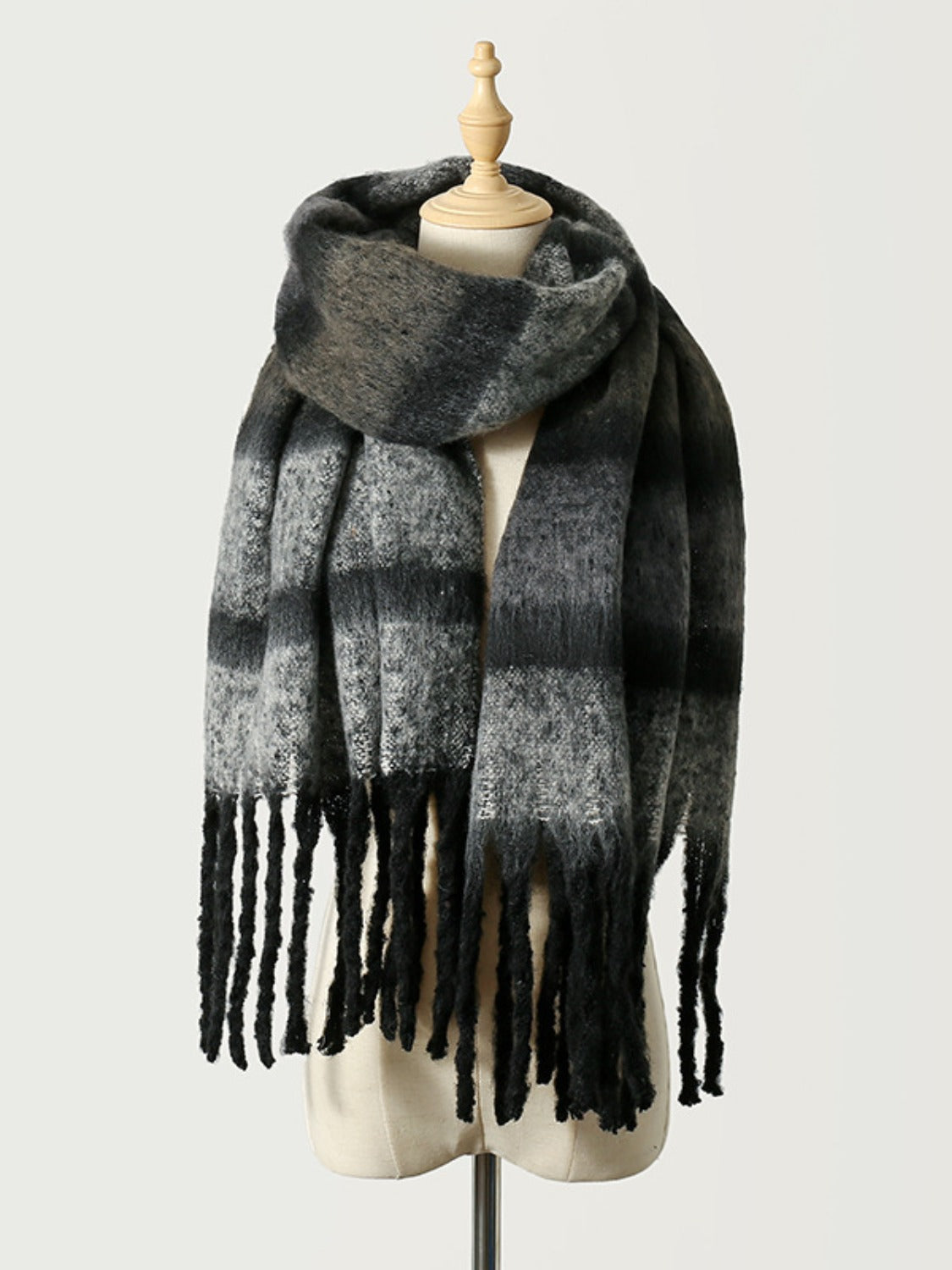 Fringe Color Block Polyester Scarf Black One Size