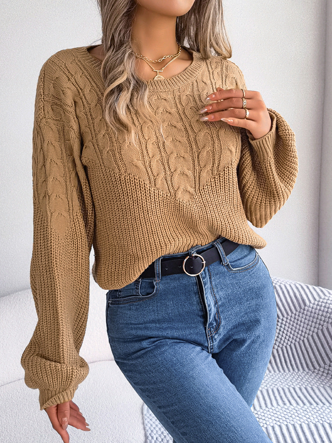 Cable-Knit Round Neck Drop Shoulder Sweater Taupe