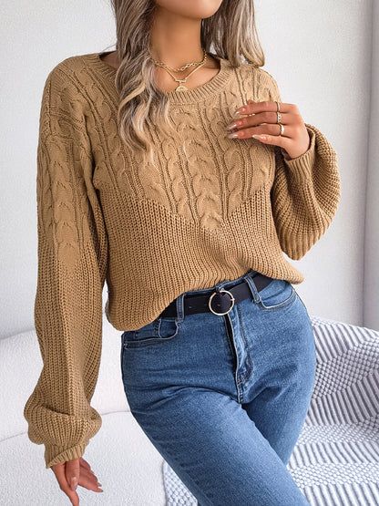 Cable-Knit Round Neck Drop Shoulder Sweater Taupe