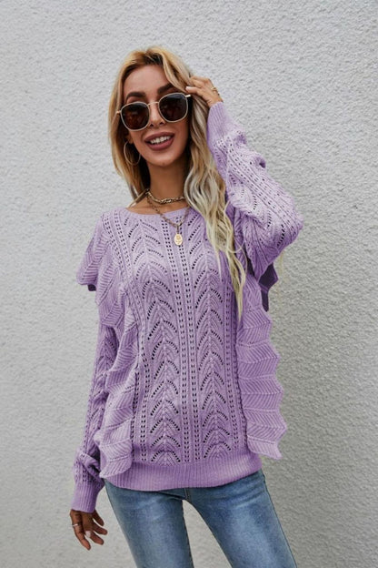 Openwork Round Neck Ruffled Sweater Purple