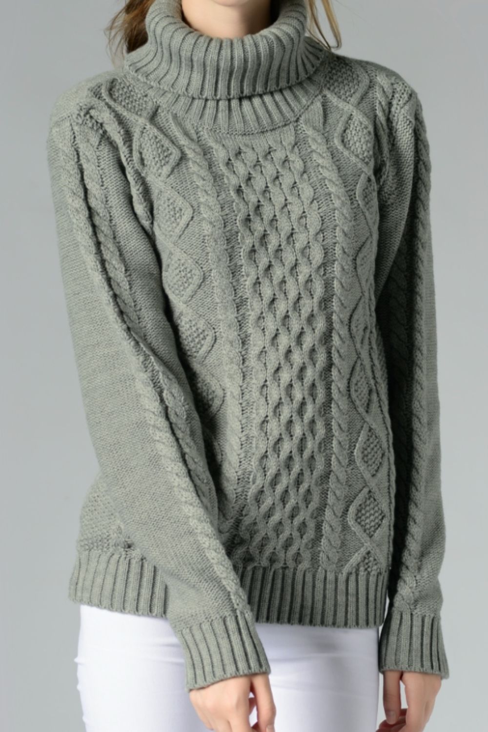 Cable-Knit Turtleneck Long Sleeve Sweater Dark Gray