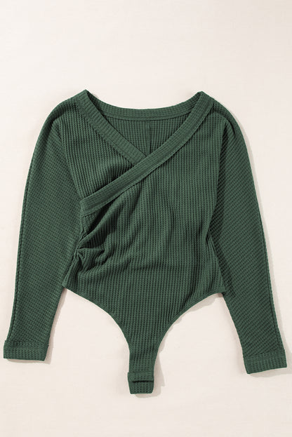 Blackish Green Ribbed Knit Slim Fit Wrap V Neck Bodysuit Blackish Green 60%Cotton+35%Polyester+5%Elastane